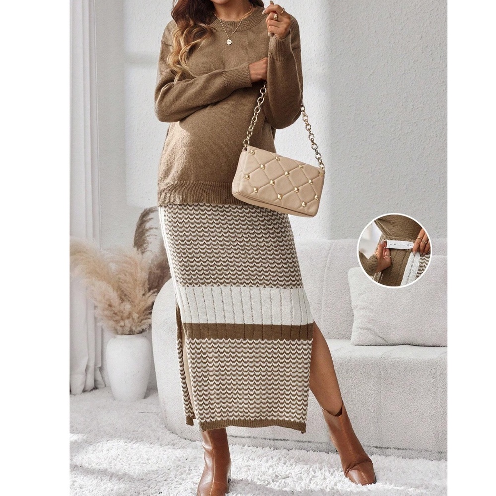 Maternity Color block Sweater Split thigh Midi Skirt Set